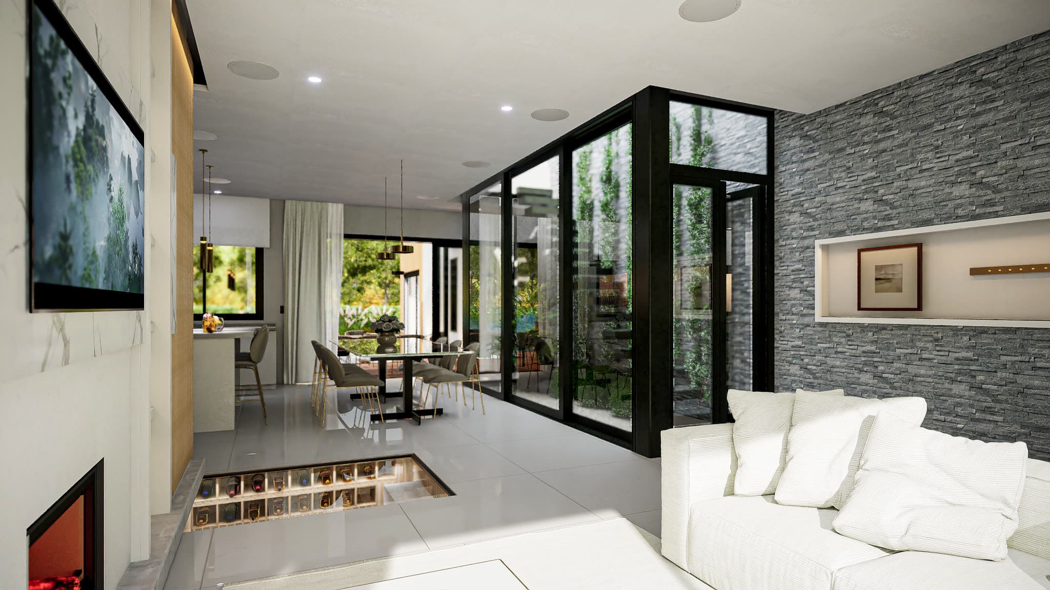 Bella Colina — Living room with stone wall